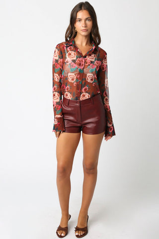 Olivaceous Deja Floral Mesh Button Down Shirt