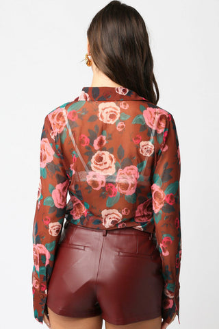 Olivaceous Deja Floral Mesh Button Down Shirt