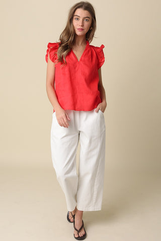 Olivaceous Heidi Linen Ruffle Blouse