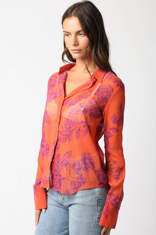 Olivaceous Talia Floral Mesh Button Down Shirt