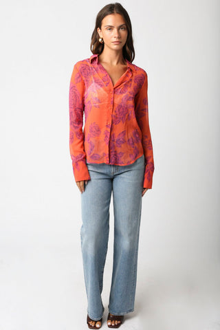 Olivaceous Talia Floral Mesh Button Down Shirt