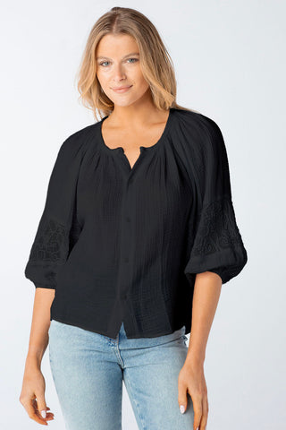 Red Haute Button Down Crochet Puff Sleeve - Premium Shirts & Tops at Lonnys NY - Just $118! Shop Womens clothing now 