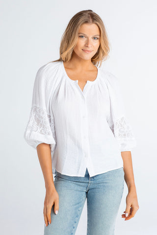 Red Haute Button Down Crochet Puff Sleeve - Premium Shirts & Tops at Lonnys NY - Just $118! Shop Womens clothing now 