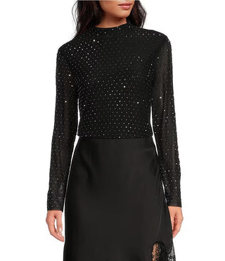 Skies are Blue Embellished Mesh Mockneck Shirt