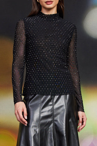 Skies are Blue Embellished Mesh Mockneck Shirt