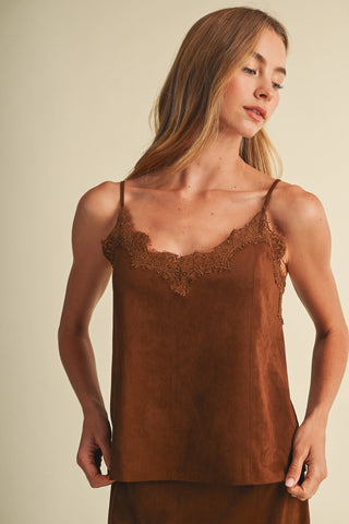 Talk To Angels Lace-Trim V-Neck Suede Camisole