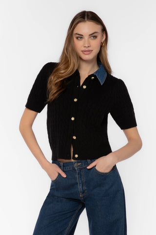 Velvet Heart Rosie Cable Knit Cardigan with Denim Accent