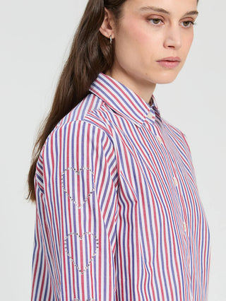 Vilagallo Tricolor Striped Shirt with Rhinestone Hearts