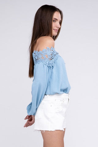 Lace Patchwork off-Shoulder Blouse *Online Only* - Premium Shirts & Tops from Nuvi Apparel - Just $38! Shop now 
