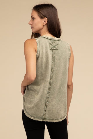 Half-Button Raw Edge Sleeveless Henley Top *Online Only* - Premium tank top at Lonnys NY - Just $37! Shop Womens clothing now 