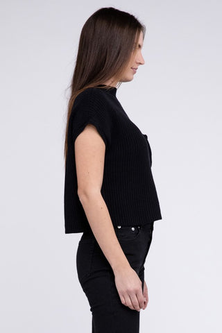 Mock Neck Short Sleeve Cropped Sweater  *Online Only* - Premium  at Lonnys NY - Just $35! Shop Womens clothing now 