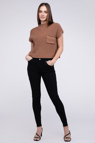 Mock Neck Short Sleeve Cropped Sweater  *Online Only* - Premium  at Lonnys NY - Just $35! Shop Womens clothing now 