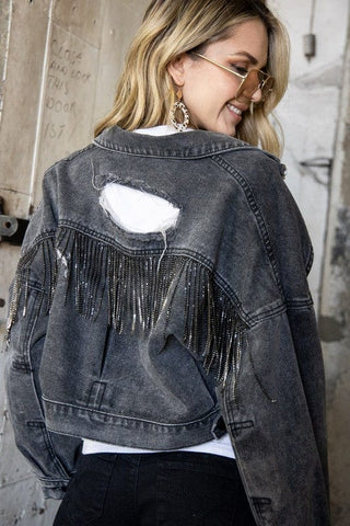 Rhinestone Fringe Distressed Denim Jacket *Online Only* - Premium  at Lonnys NY - Just $90! Shop Womens clothing now 