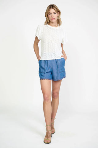 Madison Short Sleeve Pointelle Knit Sweater - Premium Shirts & Tops from MADISON - Just $72! Shop now 
