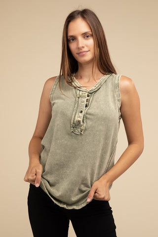 Half-Button Raw Edge Sleeveless Henley Top *Online Only* - Premium tank top at Lonnys NY - Just $37! Shop Womens clothing now 