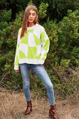 Multi Geo Checker Pullover Knit Sweater Top *Online Only* - Premium  at Lonnys NY - Just $65! Shop Womens clothing now 