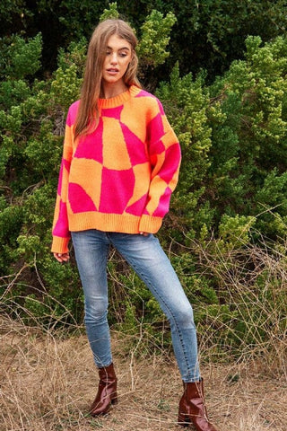 Multi Geo Checker Pullover Knit Sweater Top *Online Only* - Premium  at Lonnys NY - Just $65! Shop Womens clothing now 