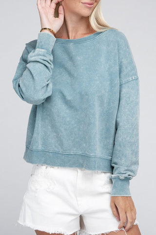 French Terry Acid Wash Boat Neck Pullover - Premium  from ZENANA - Just $36! Shop now at Lonnys NY