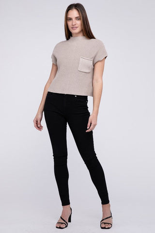 Mock Neck Short Sleeve Cropped Sweater  *Online Only* - Premium  at Lonnys NY - Just $35! Shop Womens clothing now 