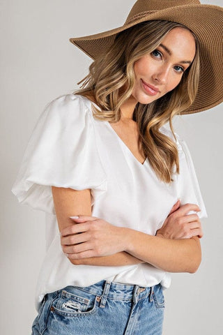 V-Neck Puff Sleeve Blouse Top *Online Only* - Premium  at Lonnys NY - Just $43.85! Shop Womens clothing now 