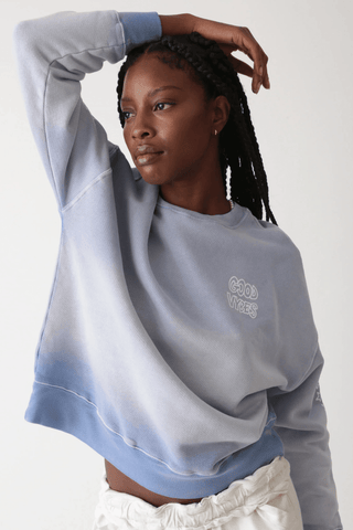 Electric & Rose Atlas Sweatshirt - Stone Blue Good Vybes Graphic - Premium sweatshirt at Lonnys NY - Just $248! Shop Womens clothing now 