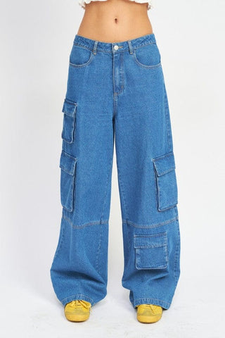 WIDE LEG DENIM PANTS WITH POCKETS CARGO PARACHUTE PANTS  *Online Only* - Premium  from Emory Park - Just $90! Shop now 