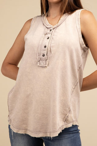 Half-Button Raw Edge Sleeveless Henley Top *Online Only* - Premium tank top at Lonnys NY - Just $37! Shop Womens clothing now 