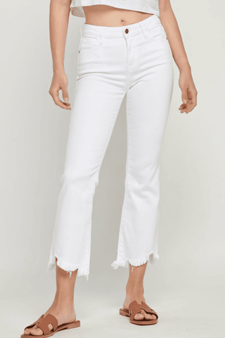 Hidden Jeans HAPPI WHITE FRAYED CROPPED FLARE - Premium Jeans at Lonnys NY - Just $82! Shop Womens clothing now 