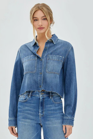 Hidden Jeans Medium Wash Cropped Denim Shirt - Premium Shirts & Tops at Lonnys NY - Just $79! Shop Womens clothing now 