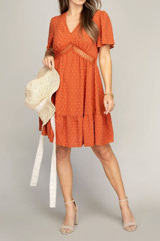 V neck dress with lace trim  *Online Only* - Premium  at Lonnys NY - Just $45! Shop Womens clothing now 