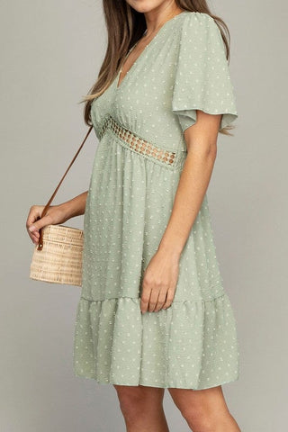 V neck dress with lace trim  *Online Only* - Premium  at Lonnys NY - Just $45! Shop Womens clothing now 