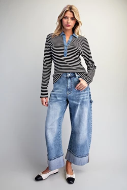 Madison Striped Denim Contrast Polo Top
