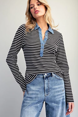 Madison Striped Denim Contrast Polo Top