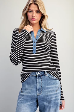 Madison Striped Denim Contrast Polo Top