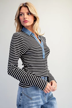 Madison Striped Denim Contrast Polo Top