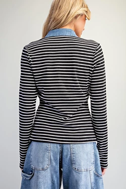 Madison Striped Denim Contrast Polo Top