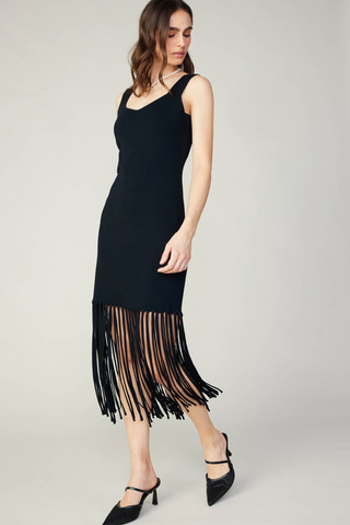 Madison Sweetheart Neck Sweater Midi Dress with Fringe - Premium dresses at Lonnys NY - Just $108! Shop Womens clothing now 