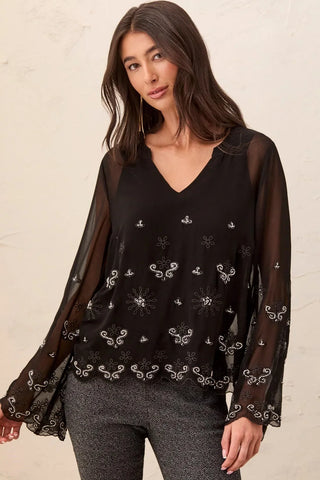 Tribal Embroidered Bell Sleeve Blouse
