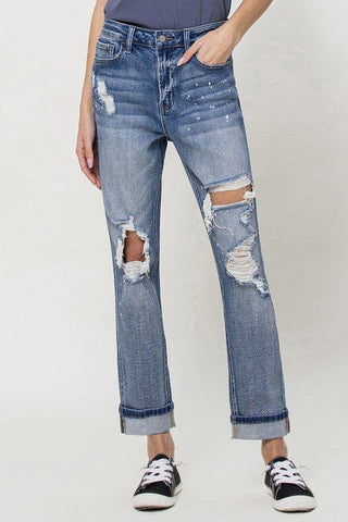 Stretch Mom Jeans w/ Spatter Detail and Cuff *Online Only* - Premium  at Lonnys NY - Just $59.80! Shop Womens clothing now 
