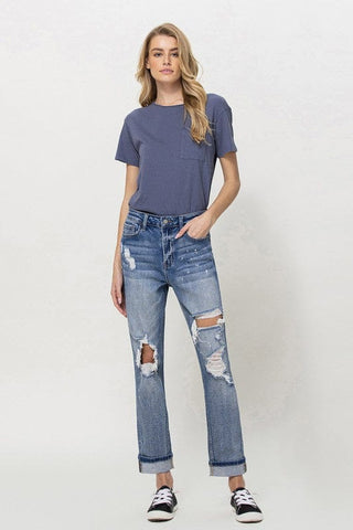 Stretch Mom Jeans w/ Spatter Detail and Cuff *Online Only* - Premium  at Lonnys NY - Just $59.80! Shop Womens clothing now 