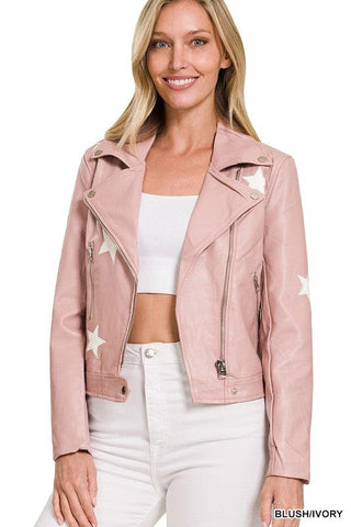 Vegan Leather Star Patch Moto Jacket - Premium  at Lonnys NY - Just $40! Shop Womens clothing now 