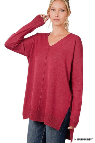 Hi-Low Hem V-Neck Center Seam Sweater *Online Only* - Premium  from ZENANA - Just $36! Shop now 